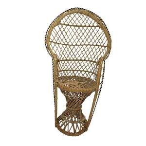 Vintage Miniature Peacock Chair Woven Rattan Wicker Boho Plant Stand 15.5 Inch